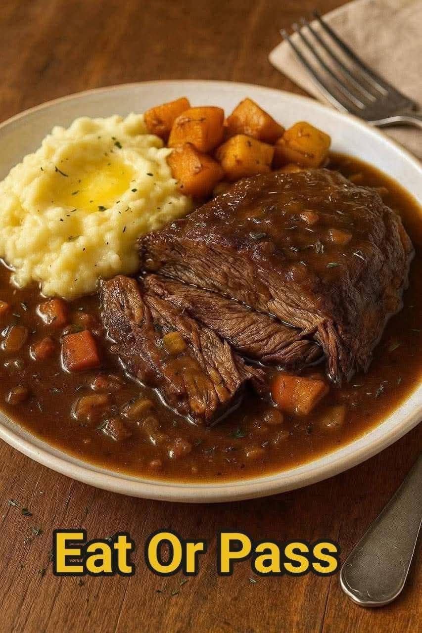 Slow-Cooked Pot Roast with Gravy Over Creamy Mashed Potatoes 556863352_122279910956025781_5110347965042751848_n