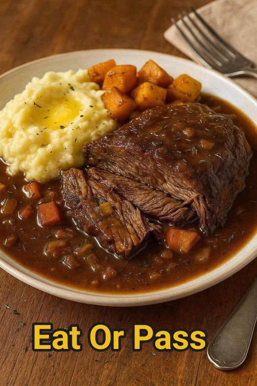 Slow-Cooked Pot Roast with Gravy Over Creamy Mashed Potatoes 571397139_1391526802980852_8270664651820831860_n